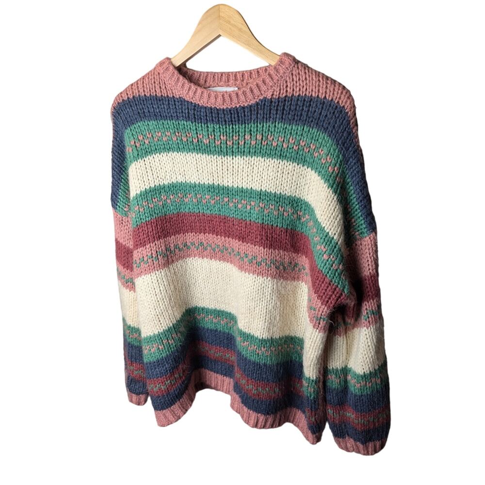 Ces Femme Color Block Soft Knit Sweater Oversized Crew Neck Warm Cottage L